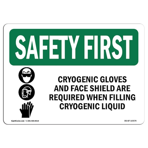OSHA Sign, Cryogenic Gloves And Face Shield W/ Symbol, 10in X 7in Aluminum, 10" W, 7" H, Landscape